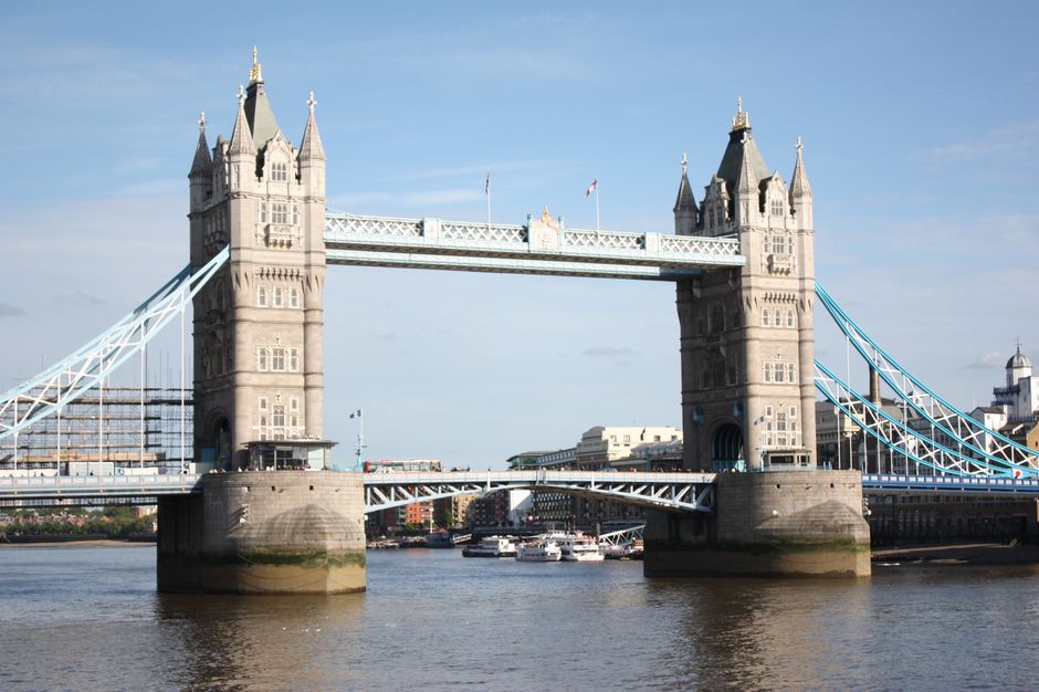 A wide-angle view of the Tower Bridge over the River Thames in London on a bright day with a partly cloudy sky. The bridge's two iconic towers with pointed turrets are connected by a high-level suspension span, featuring blue and white accents. In the foreground, a large leafy tree partially frames the left side of the scene, with the riverbank and paved walkway visible at the base. The water of the Thames appears calm, reflecting the sky and bridge. To the right, modern buildings and a construction crane are visible along the riverbank. This scene reflects the iconic London skyline, relevant to house removals and relocation services involving the Tower Hamlets area, specifically during E14 moves affected by parking suspensions as detailed on the associated page. Man With a Van Poplar operates within this environment, supporting home relocation and furniture transport processes in the area.